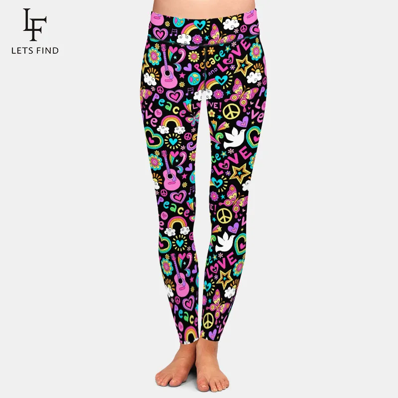 LETSFIND 2020 New Arrival Women Pants Fashion Peace Love and Music Printing High Waist Soft Fitness Elastic Leggings