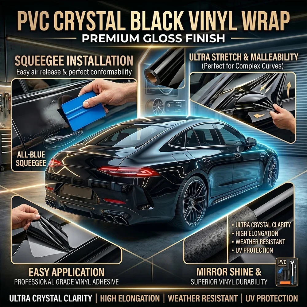 Glänzende PET Klavierlack-Schwarz Auto-Vinylfolie Luftblasenfreie Selbstklebende PVC Hochglanz-Schwarz Auto-Karosserie Farbwechselfolie Zubehör – Detail 13