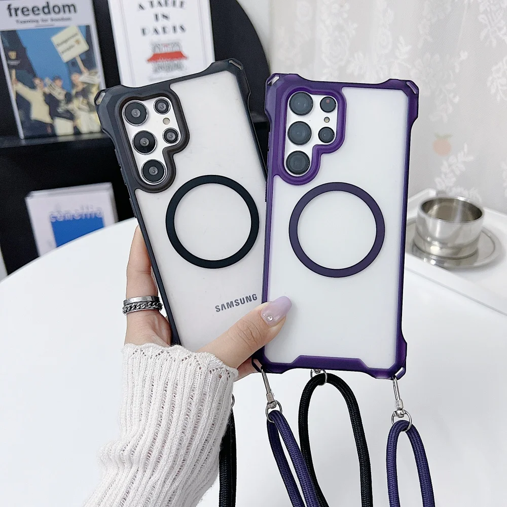 

Crossboby Lanyard Necklace Cord Rope Strap Clear Case For Samsung S25 S24 S23 S22 Ultra Plus For Magsafe Wireless Charge Cover