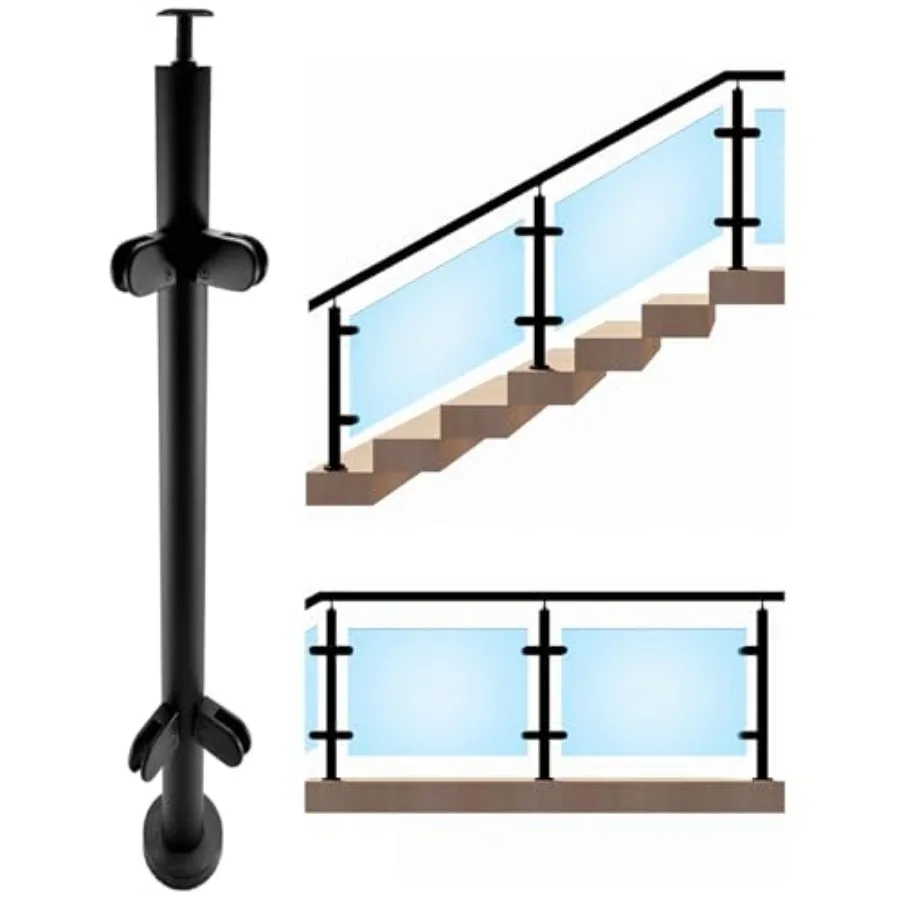 

43.5" Round Glass Stair Railing Post System Stainless Steel 304 Stair Top Handrail Brackets Post with 4 Glass Clamp and Rubber,