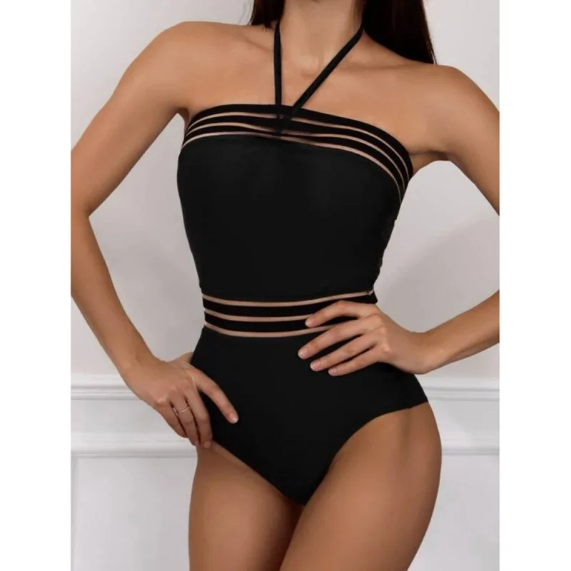 

Jiesini-One-Piece Mesh Swimsuit, Black Halter Swimsuit, Sexy Patchwork, New Bikini