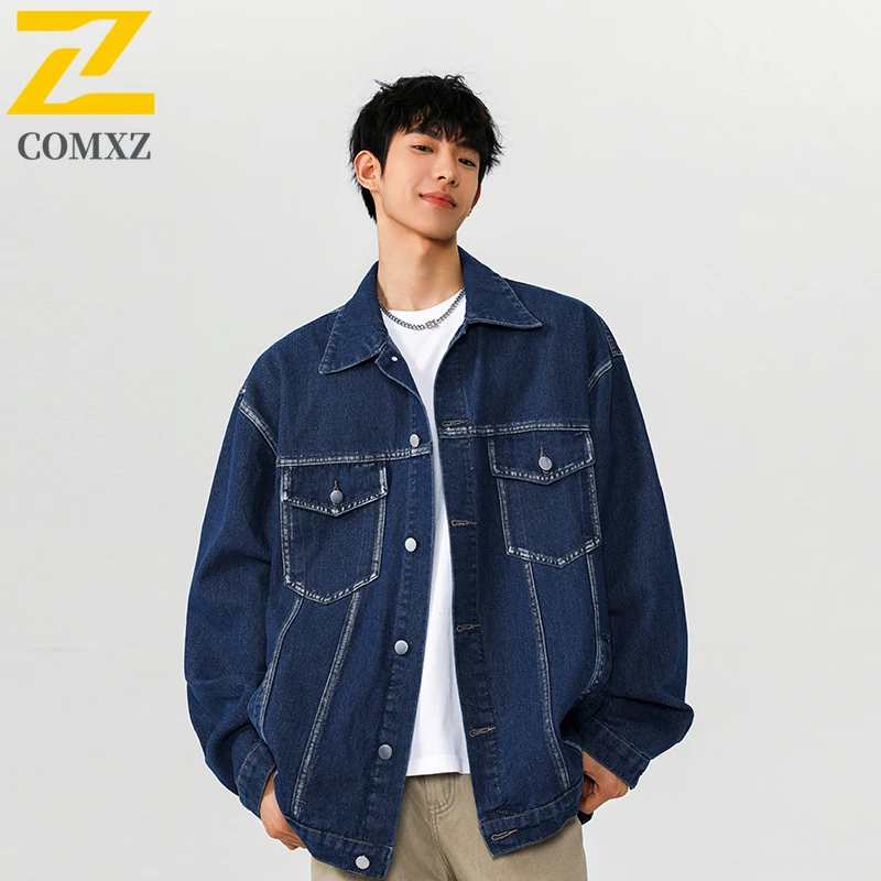 

Denim Jacket Men 2025 Autumn High Street American Lapel Windproof Workwear Coat Streetwear Fashion Lightweight Outerwear