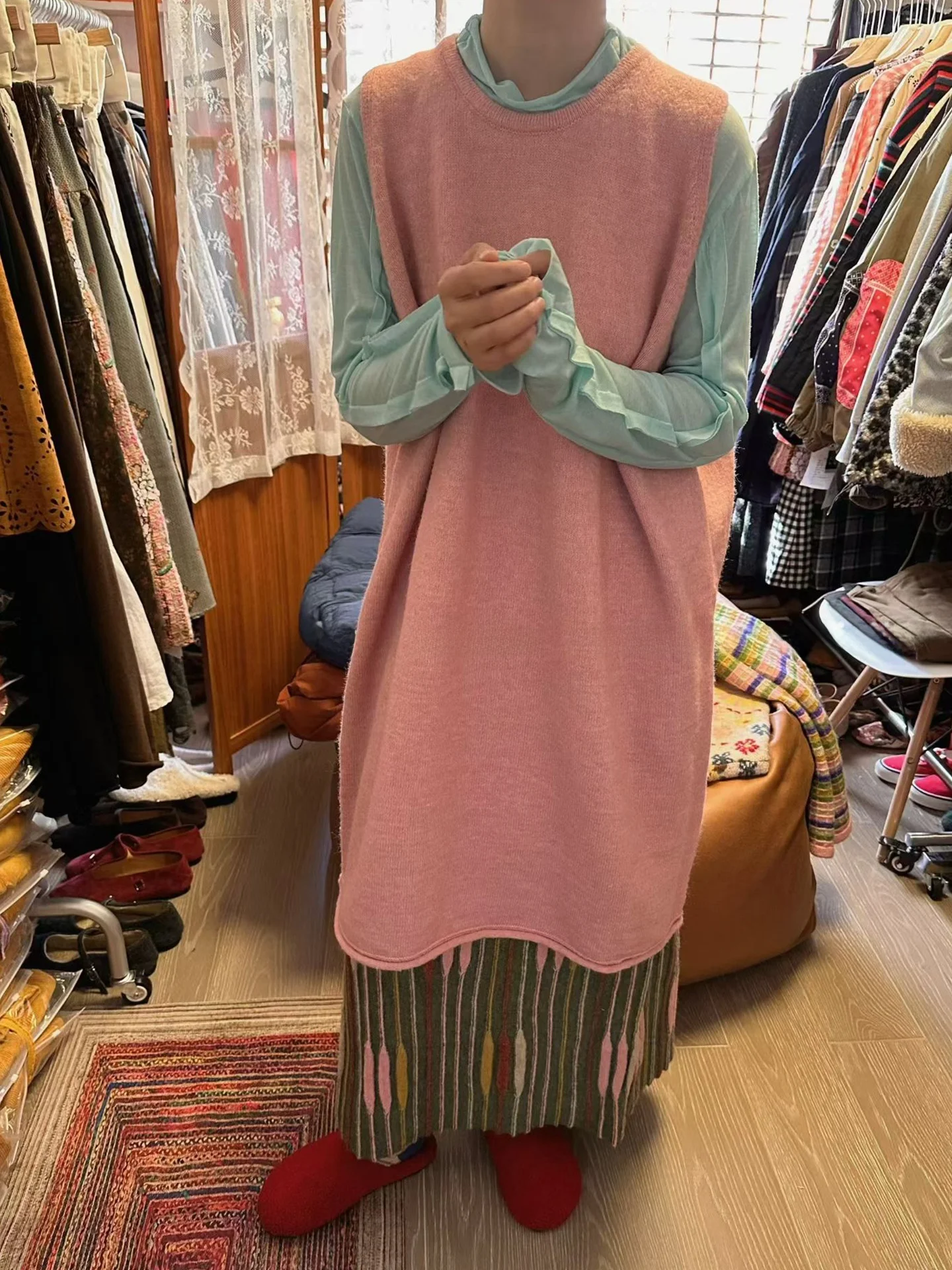 

Autumn Winter Pink Knitted Vest Skirt Big Size plus Women's Faionable Versatile Fce-lined Mid-length Warm Clothing