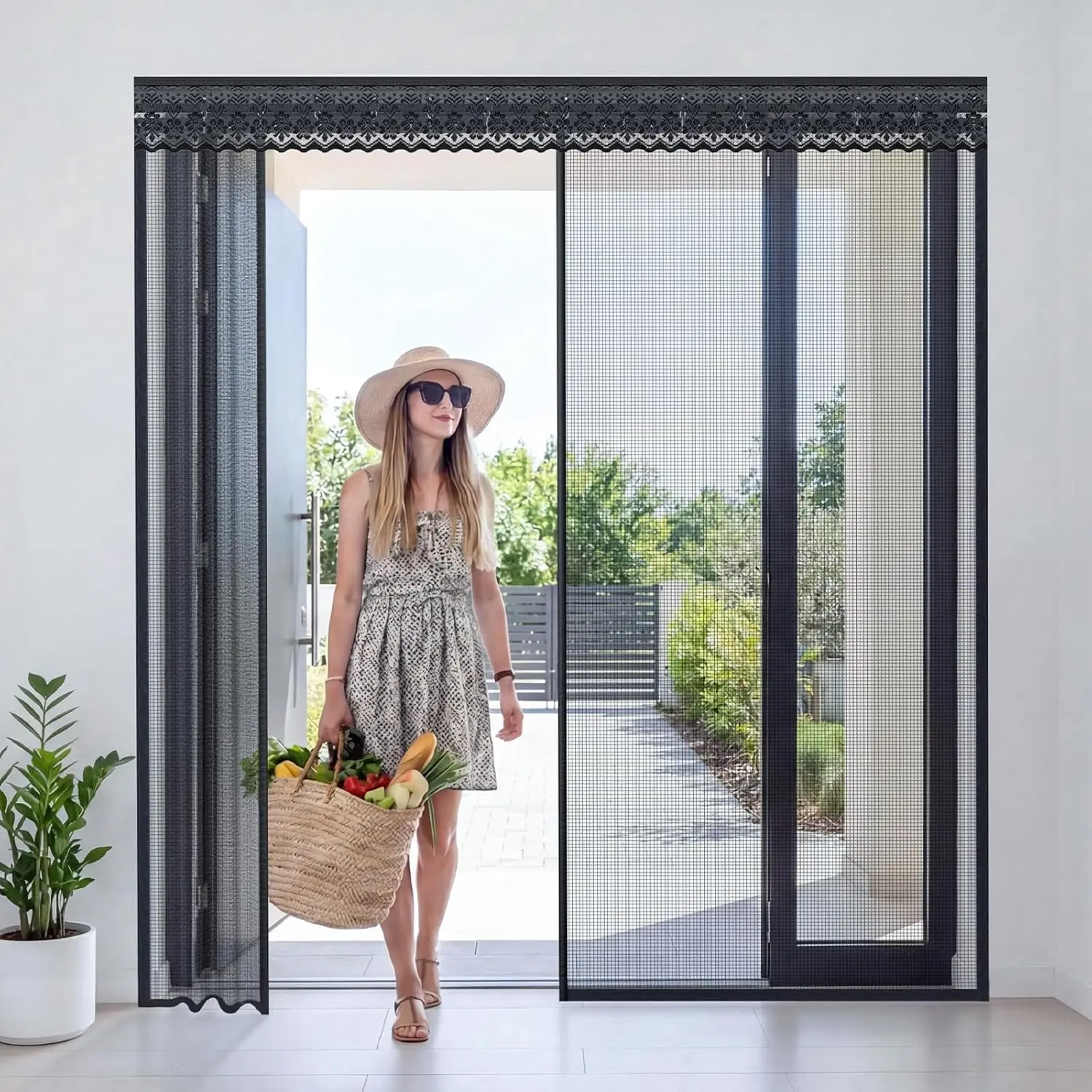 

72x80 inch Sliding Magnetic Screen Door with Curtain Track, Retractable Fiberglass Mesh for Wide Patio & French Doors, 4cm Wi