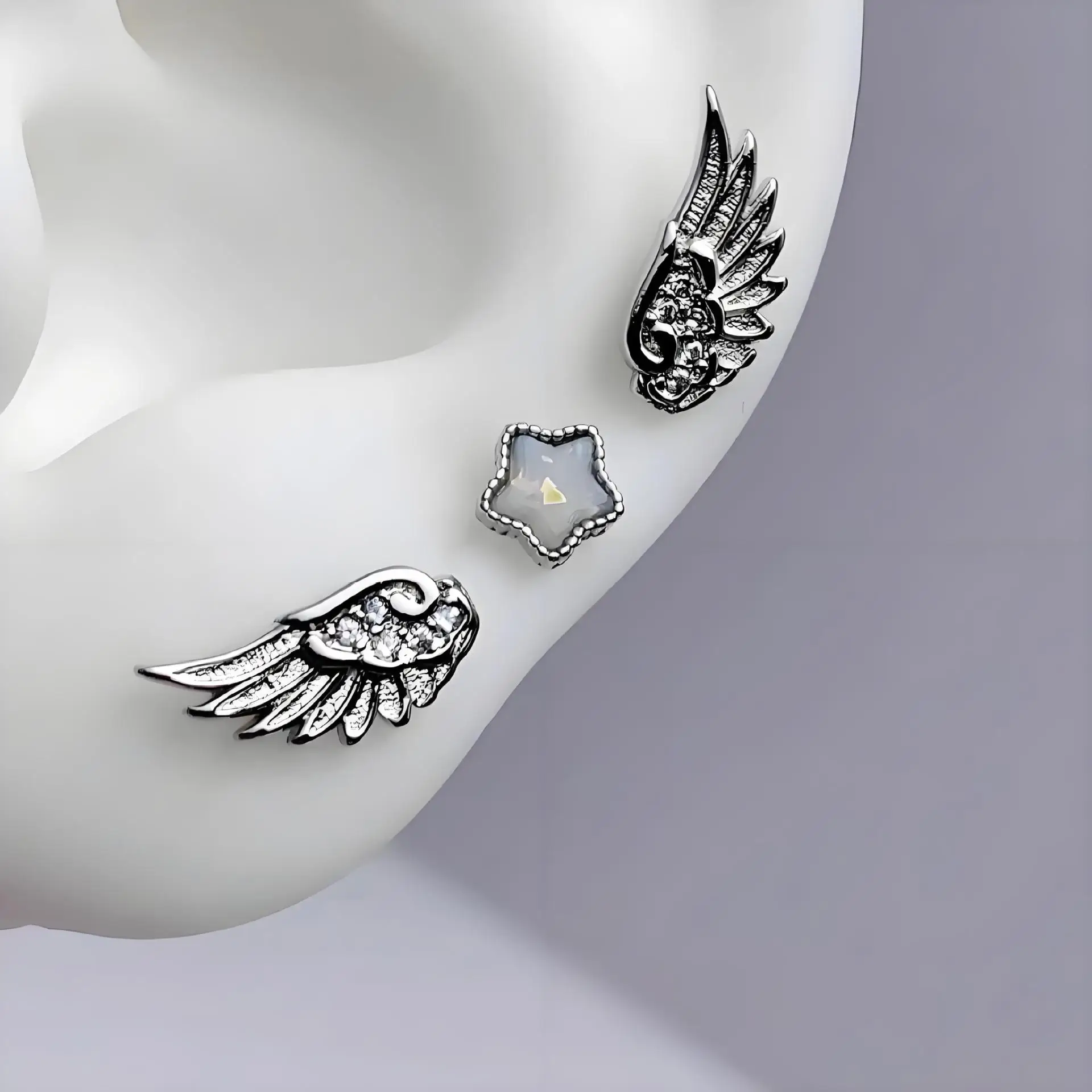 3Pcs Set Shiny Angel Wings Star Ear Studs Women Vintage Couple Creative Luxury Crystal Geometric Personality Earrings Jewelry
