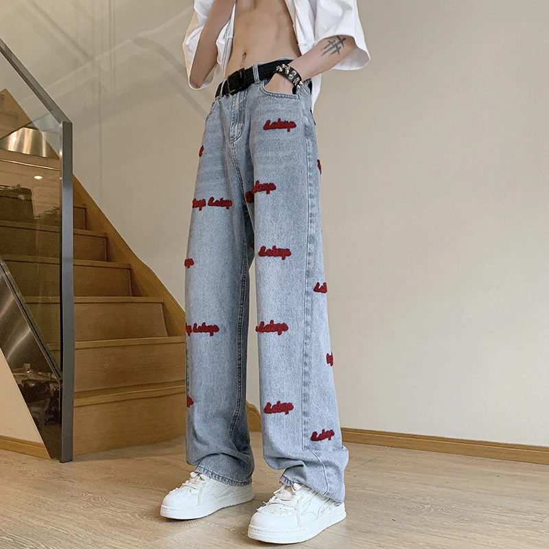 

Модные мужские джинсы в стиле хип-хоп, прямые, свободные, с вышивкой, повседневные, длинные брюки, летние, молодежные, свободного кроя