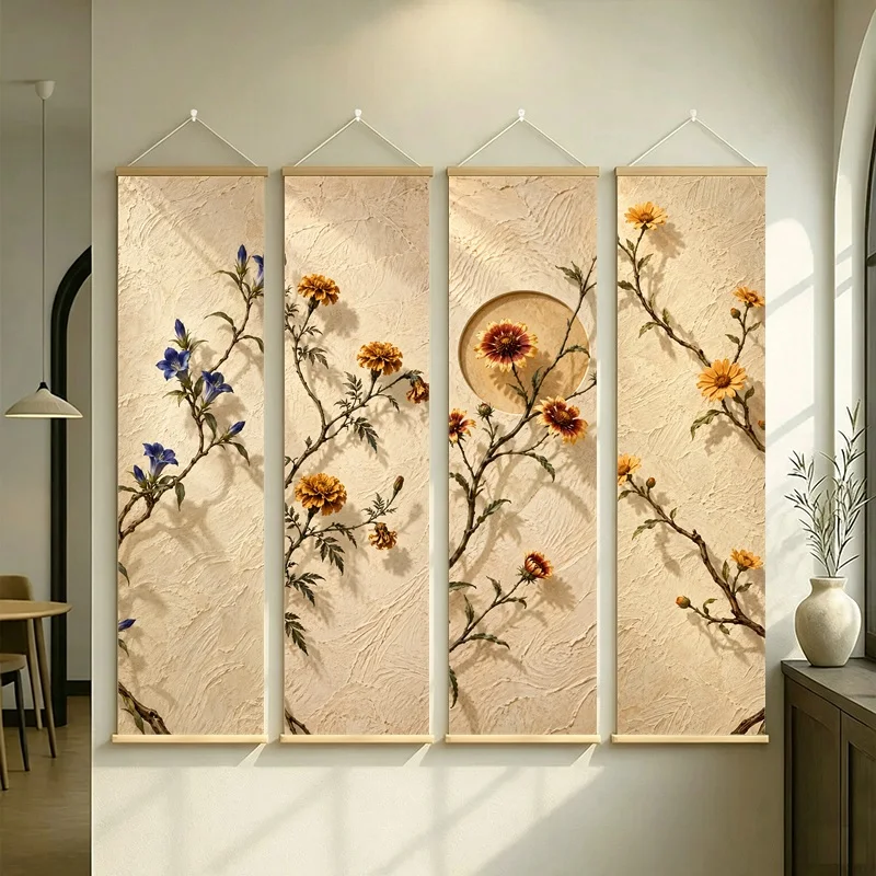 Wall Decor Calendula and Gentian, Serene Wabi-Sabi Botanical Silver Shimmer Canvas Hanging Scroll for Tea Room Home Decor