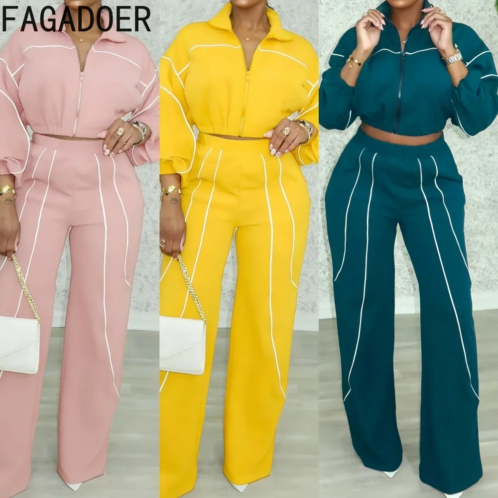 

FAGADOER модный полосатый лоскутный комплект из 2 предметов для женской одежды, однотонный укороченный топ с длинными рукавами и брюки, женская уличная одежда