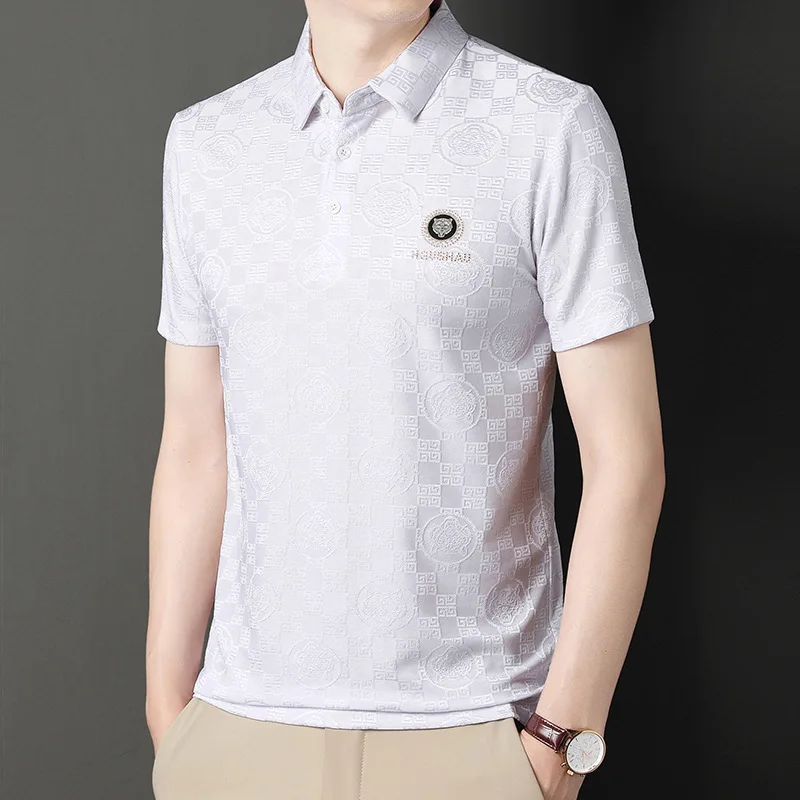 

Men's Turn-down Collar Pullover Solid Button Cartoon Letter Printed Rhinestone Short Sleeve T-shirt Fashion Casual Formal Tops