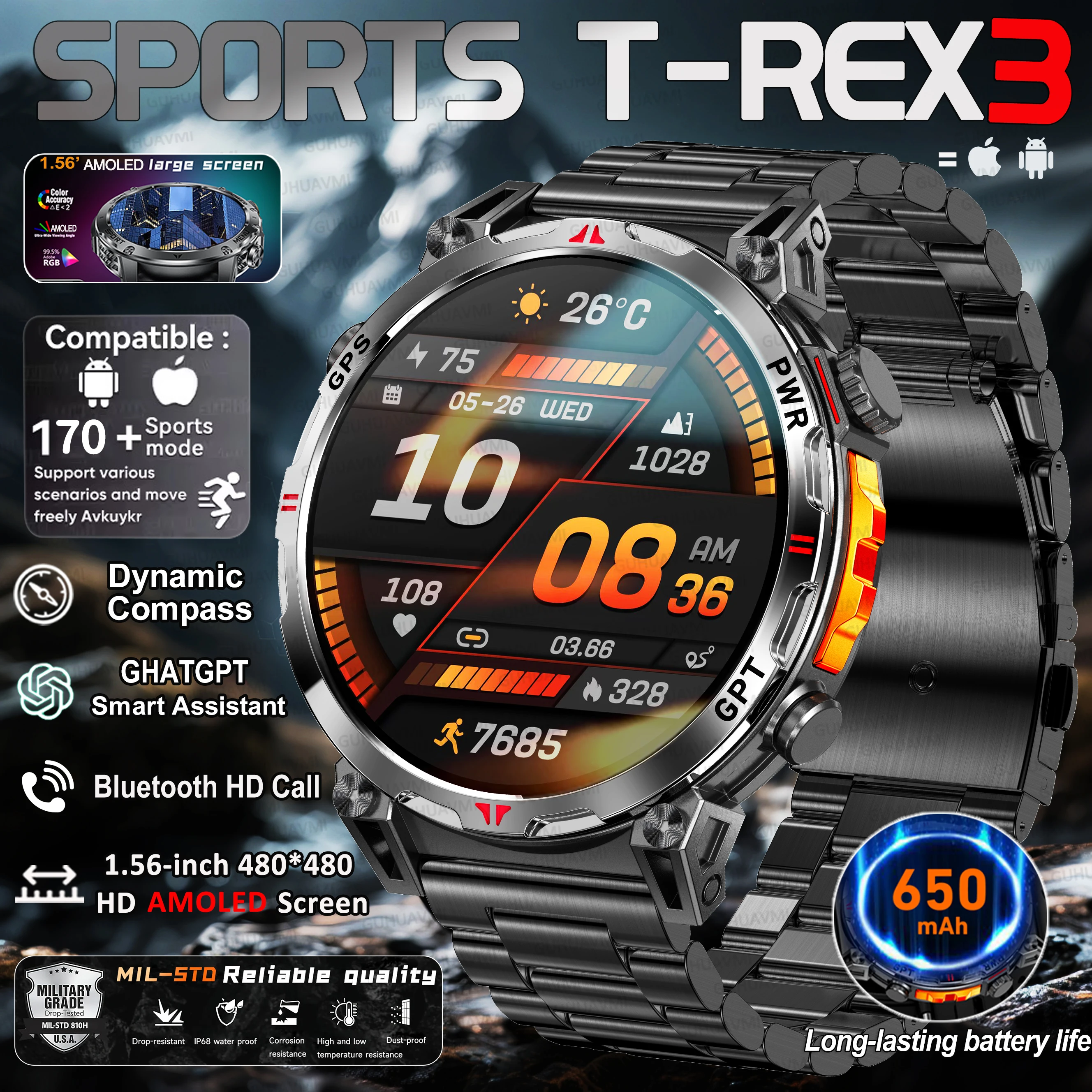 

НОВЫЙ 2025 ГОРЯЧИЙ Военный AMOLED HD SmartWatch GPS Компас 10 АТМ Водонепроницаемая Тактика 100 + Спортивный BT вызов Смарт-часы Мужчины Аккумулятор 650 мАч