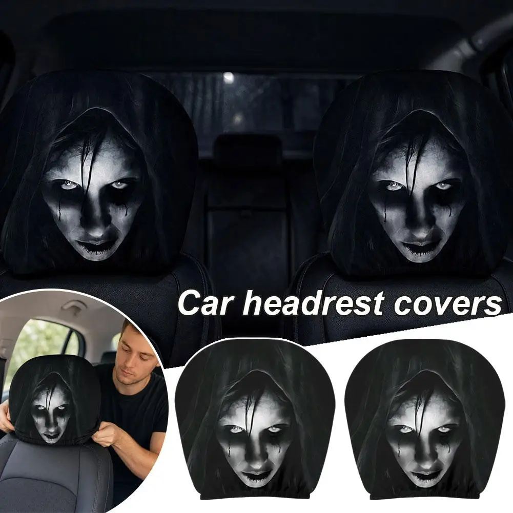 2PCS Universal Car Seat Headrest Protective Covers Halloween Creepy Alien Ghost Nun 3D Printed Elastic Auto Interior Accessories