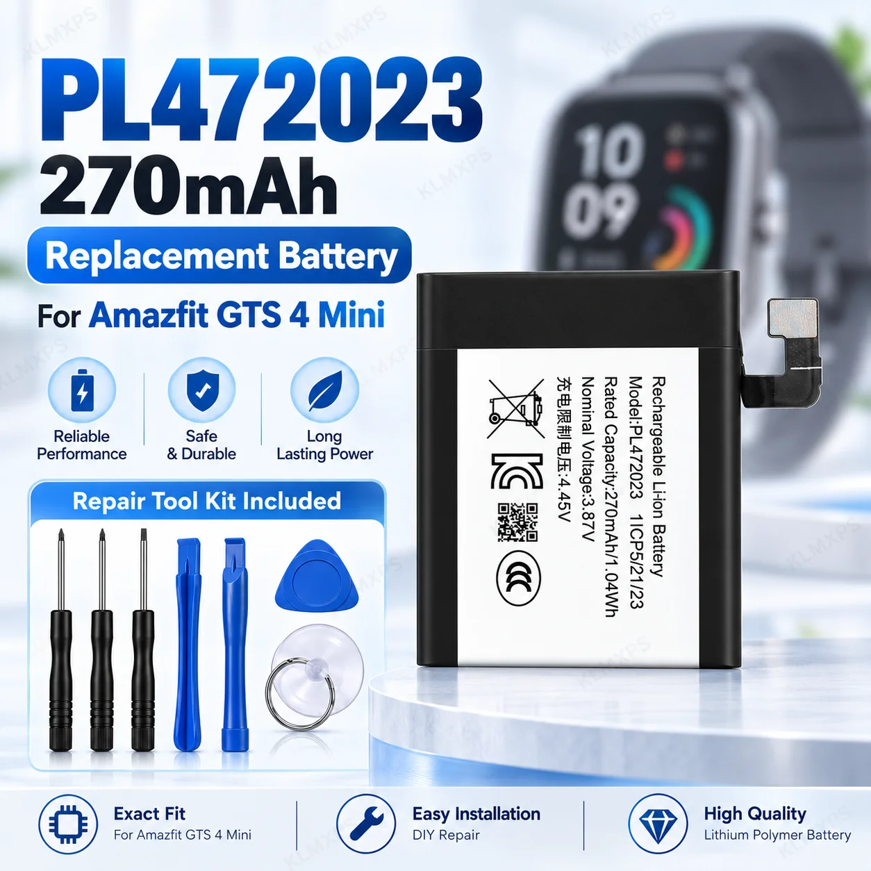 PL472023 Battery 270mAh 3.8V Replacement Li Polymer Battery for Amazfit GTS 4 Mini Smart Watch Repair with Tool Kit