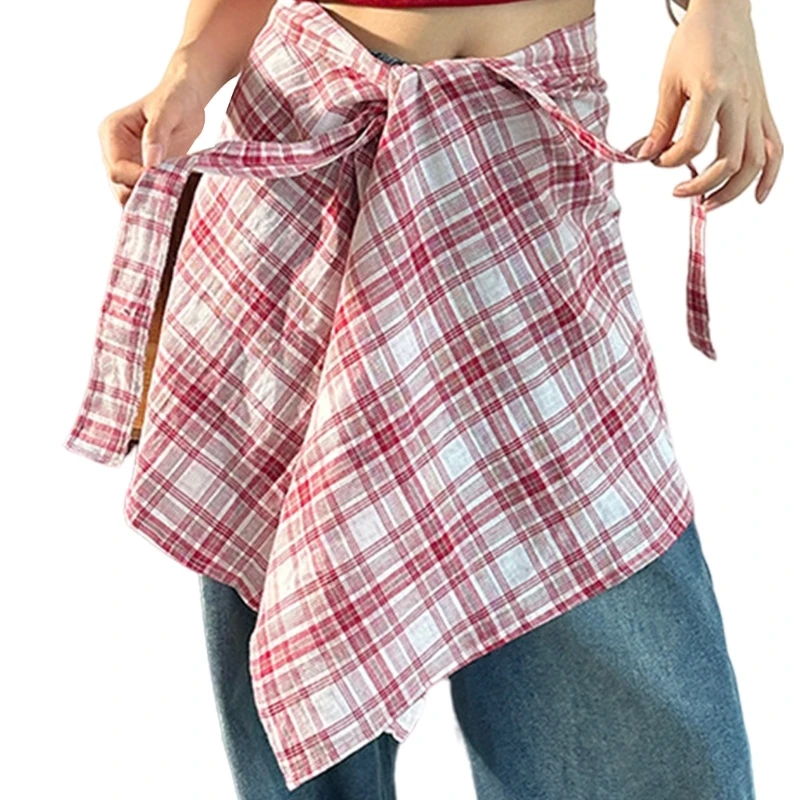 

Womens Aesthetic Irregular Short Apron Wrap Skirt Lace Up Checkered Hip Scarf N7YF