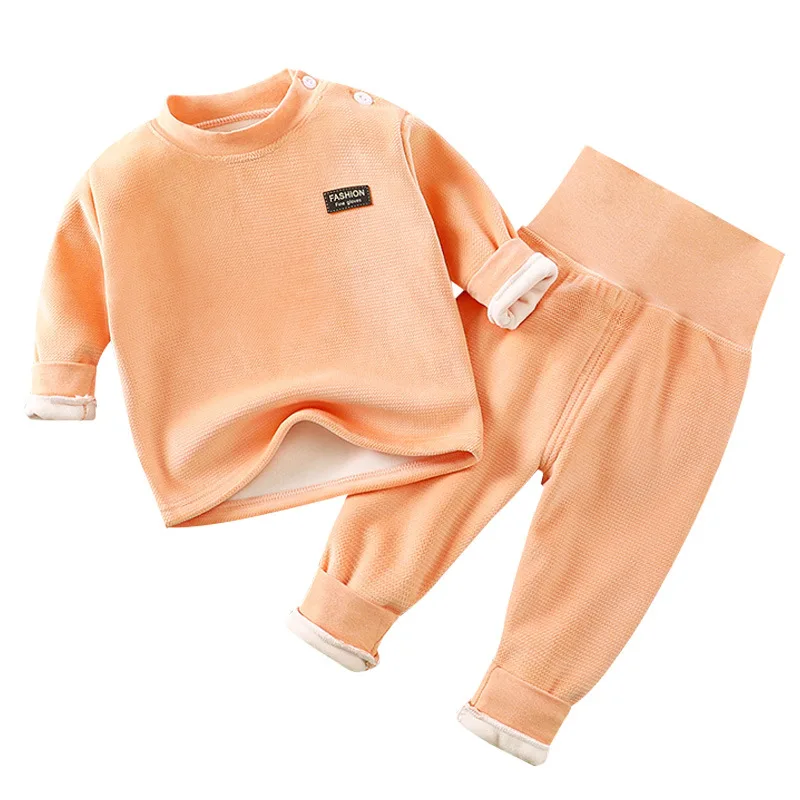 Kid Unisex High Neck Fleece-lined Top High Waist Pants Set Small Black Patch Ideal for Children Two Piece Set Baby Daily Wear