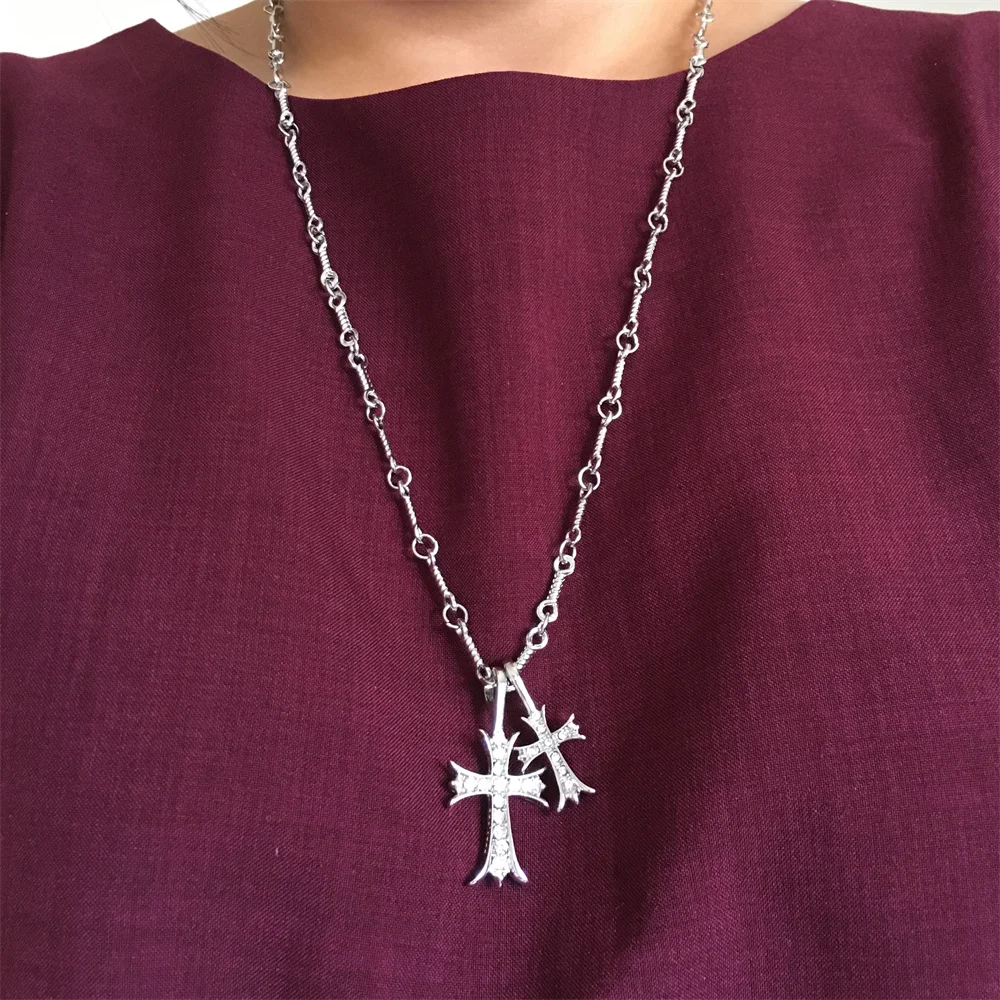 New Gothic Rhodium Color Knot Linked Cross Pendant Long Necklace For Women Girl Unisex Casual Halloween Day Party Decoration