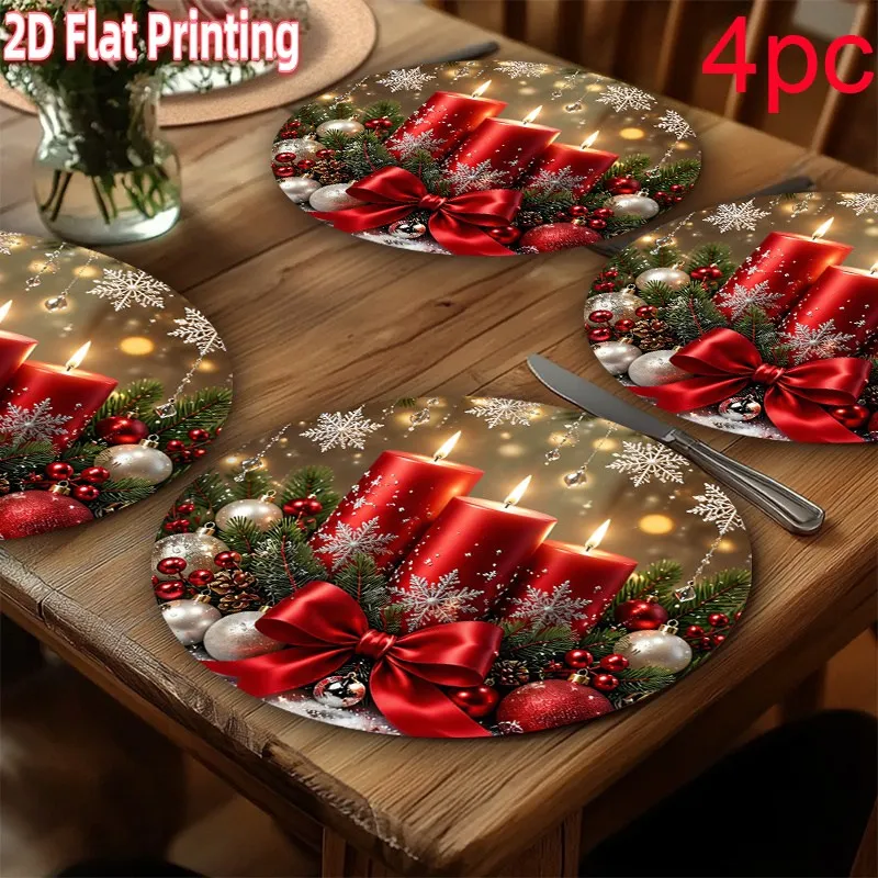VIKAMA Linen Round Placemats, Snowman Cocoa Mug Christmas Design, Washable Stain Resistant Easy Clean, Holiday Dining