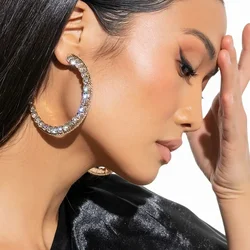 Shine Rhinestone Round Hoop Earrings Party for Women 2024 New Exaggerated Earrings Jewelry Oversize Circle  Accessories
