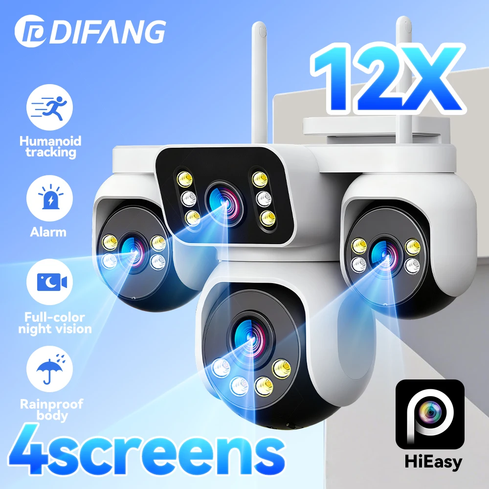 كاميرا مراقبة جديدة بتكبير 12X بأربعة شاشات بدقة 10K 20 ميجابكسل تعمل بالواي فاي 360 درجة °   كاميرا مراقبة فيديو للحماية الأمنية CCTV في الهواء الطلق