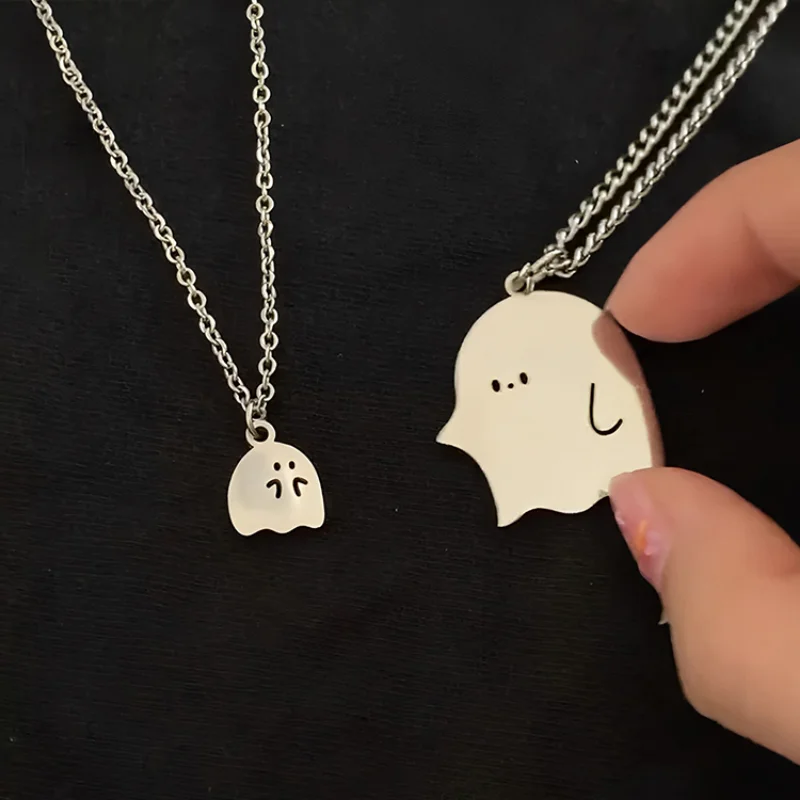 2pcs Necklace Creative Big Ghost and Little Monster Hug Couple Necklaces Lover Pendant Sweater Clavicle Chain Valentine Gift