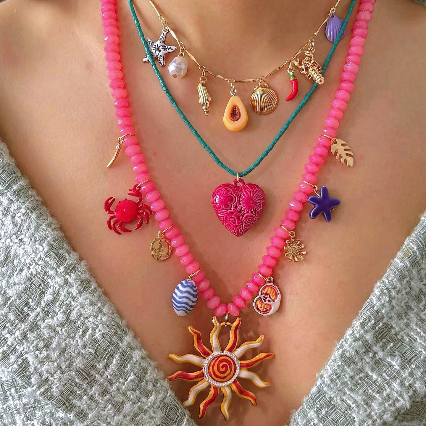 ZAA Trend Pack de collares de dijes y cuentas para mujer, vacaciones de verano, cuentas de arroz coloridas, esmalte, sol, corazón, Peandant, regalo de joyería