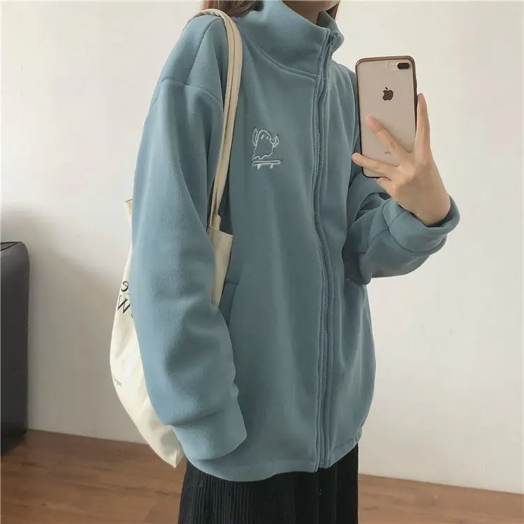 Winter Long Sleeve Zip Up Hoodie Jacket Coat Casual Harajuku Women Fleece Sweatshirts Thick Warm Embroidery Plush Outwear Hoodie