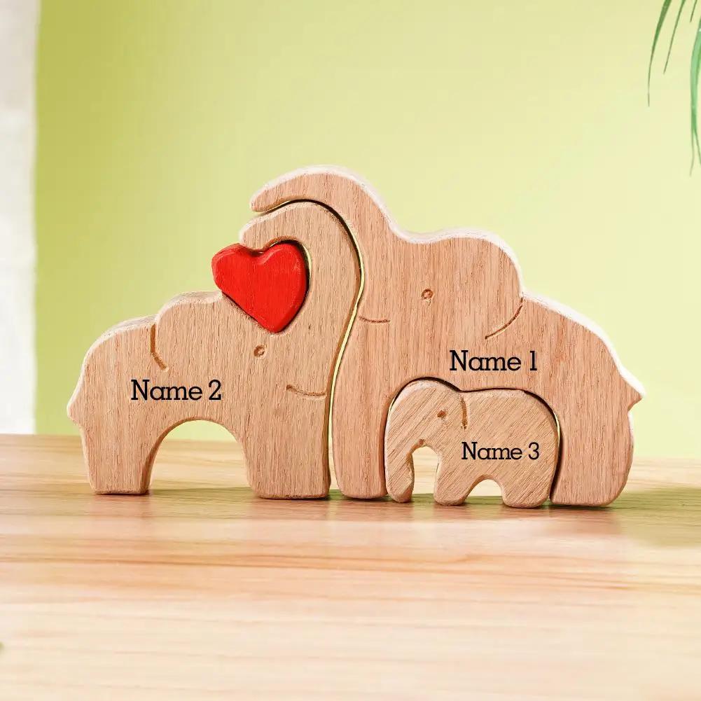 Wooden Elephant Family Statue DIY Your Family Name Art Crafts Desktop Ornament Wood Family Heart Wedding Christmas Gift 2024