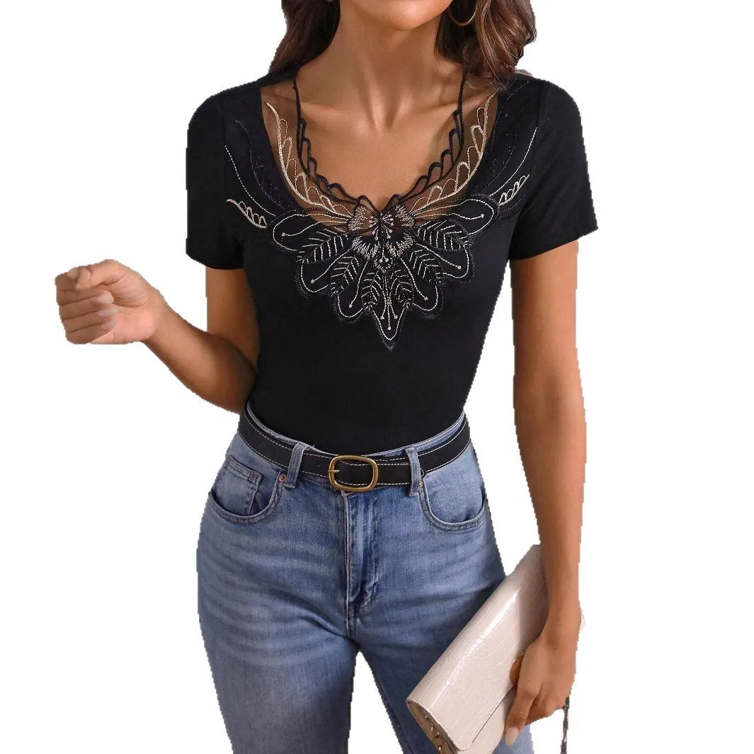 Spot 025 Summer New Solid Color Simple Fashion Embroidered Short-sleeved T-shirt Women's Cw16912