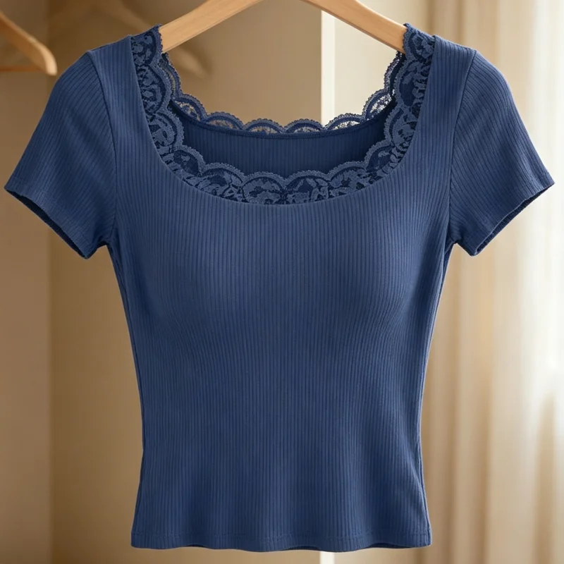 Lightweight Shirt Women’s Square Collar T-shirt with Lace Splicing Slim Fit Ribbed Pullover Top Short Sleeve Stretchy Wear Tee