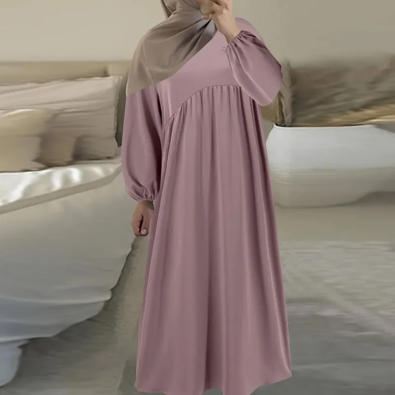 Robe Abaya à manches longues lanterne pour femmes, robe musulmane, col rond, plissés décontractés, vêtements élégants, mode féminine, nouveau tempérament