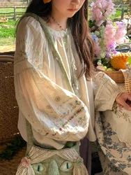 Spring Autumn Women Loose Exquisite Floral Embroidered Cotton Linen Shirts/blouses