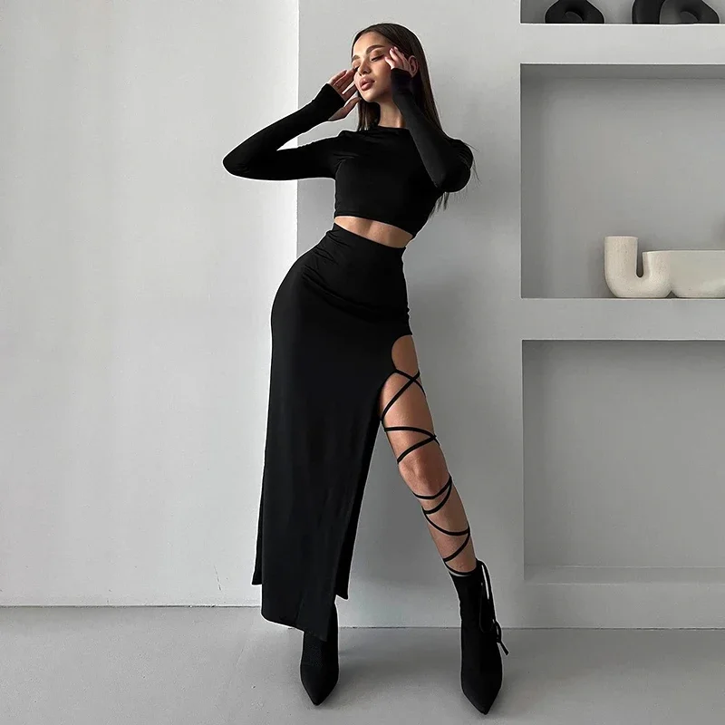 2024 New Pullover Long Sleeve Simple Crop Top Elastic Waist Halter High Split Legless Sexy Tie Solid Colour Half Skirt Set