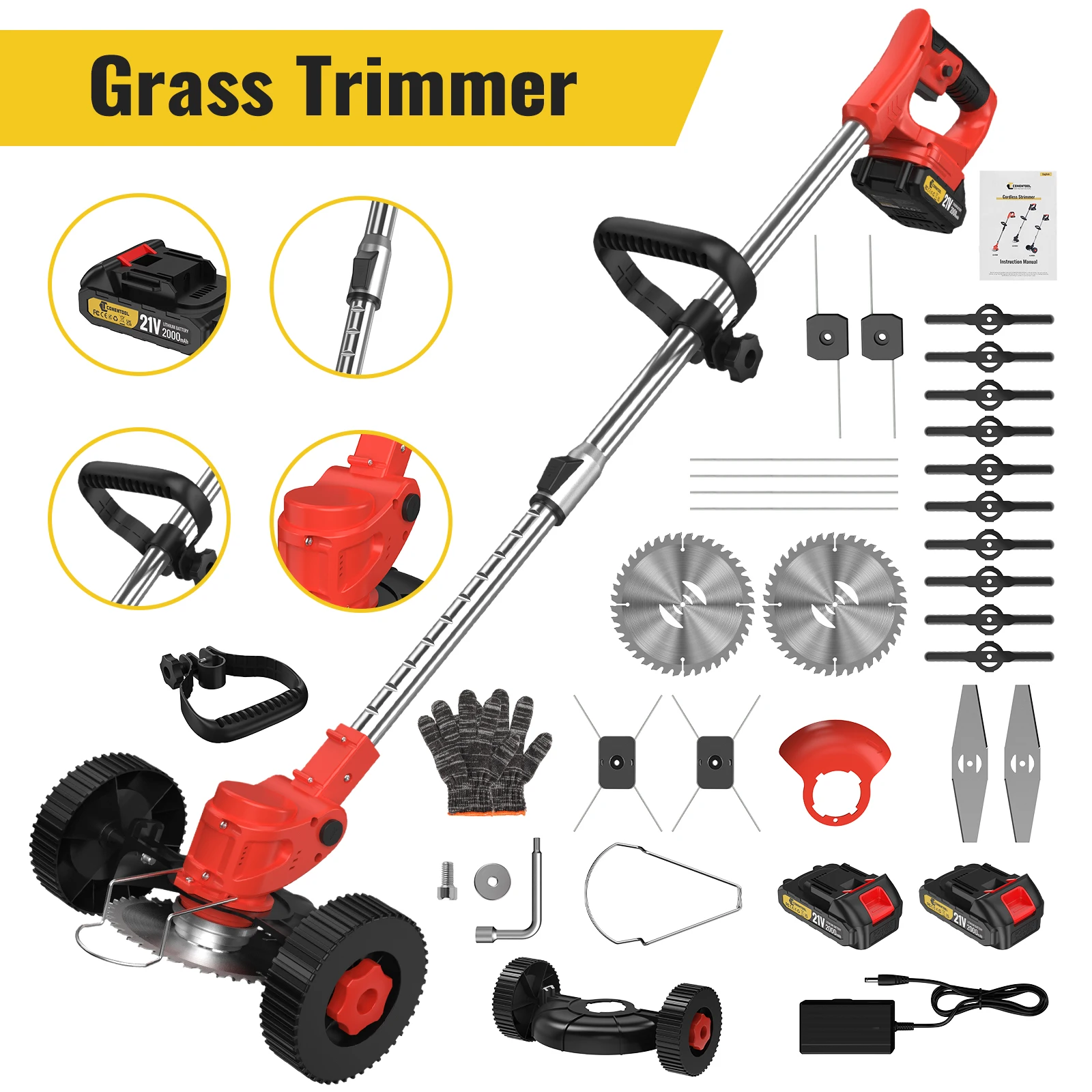 Conentool 21V draadloze grastrimmer bosmaaier 650W elektrische onkruidtrimmer met 5 snijbladen, voor Makita batterij-interface, telescopische steel, steunwiel voor het trimmen van gazonranden in de