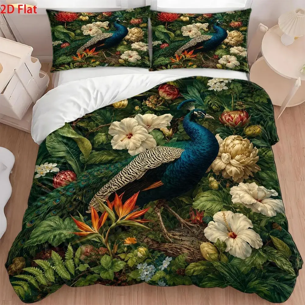 3Pc Peacock Floral Print Quilt Cover Set, Three-Piece Bedding Set (1*Quilt Cover + 2*Pillowcases), Light Luxury Style Double Bedding, Skin-Friendly, Breathable, Easy to Clean and Durable, Quilted Duvet Cover with Invisible Zipper, Suitable for All Seasons, Wrinkle-Resistant, Machine Washable, Cozy Home Bedroom Decor, Nordic Style Bedding for Student Dormitories, Suitable for Home Master Bedroom and Guest Room, 3Pcs Soft and Comfortable Bedding Set, Large Double Bed Cover with Printed Design