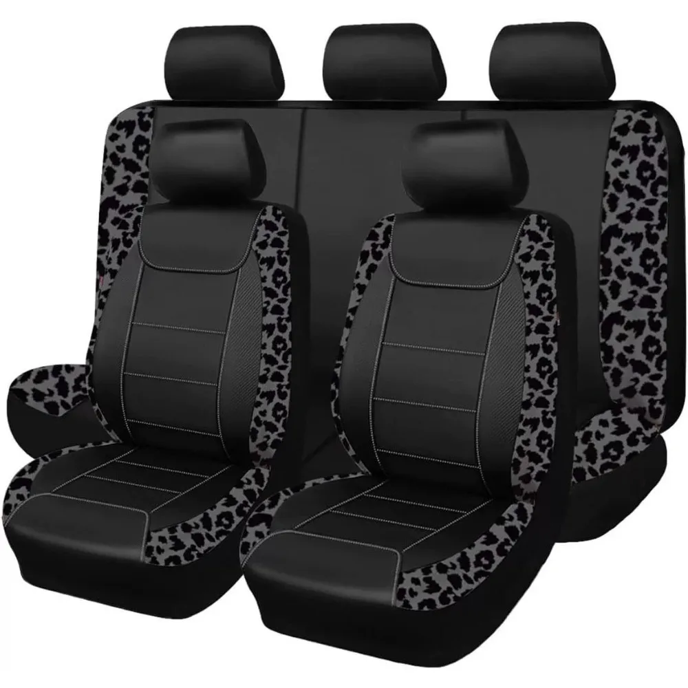 Universal Car Seat Covers PU Leather Woven Texture Spliced Cow & Leopard Print Auto Seat Protector Fit Cars SUV Truck