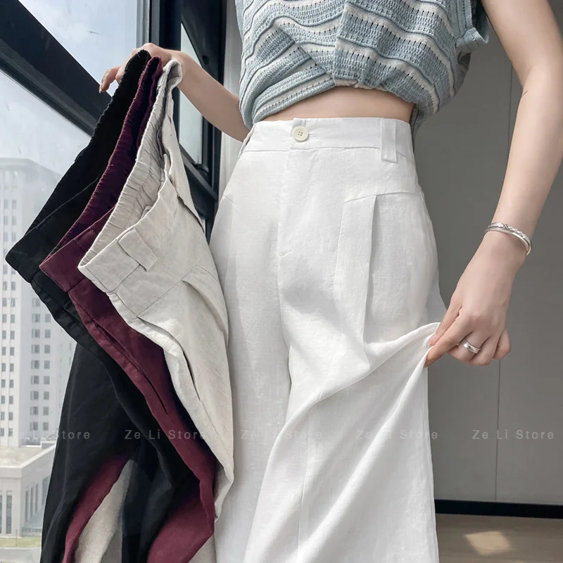 White  Linen Wide Leg Pants Women's Summer Thin Hanging Sensation Narrow Version Casual Straight Ice Silk Cotton Linen