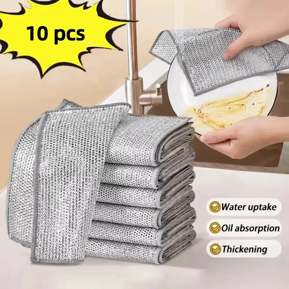 10-1pcs Cleaning Products Wire Dishwashing Rags Single Layer Non-stick Steel Wire Cleaning Cloth Double-sided Wet and Dry