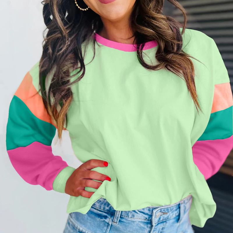 

Fashion Design Sweatshirt Casual Women O Neck Long Sleeved Loose Top Spring Fall Contrasting Color Patchwork Streetwear Pullover