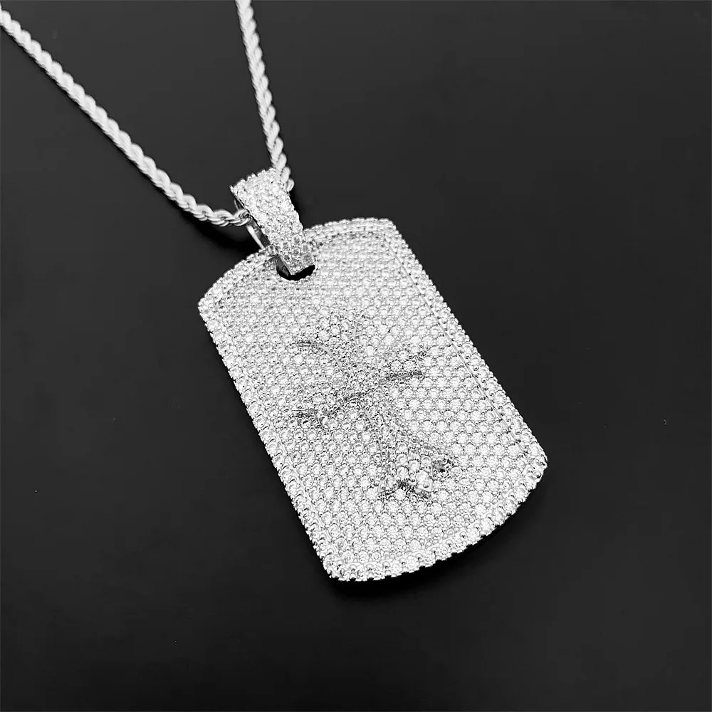 Hiphip Iced Bling Zircon Cross Dog Tag Pendant Necklace with Rope Stainless Steel Chain Fine Jewelry White Gold Plated Party