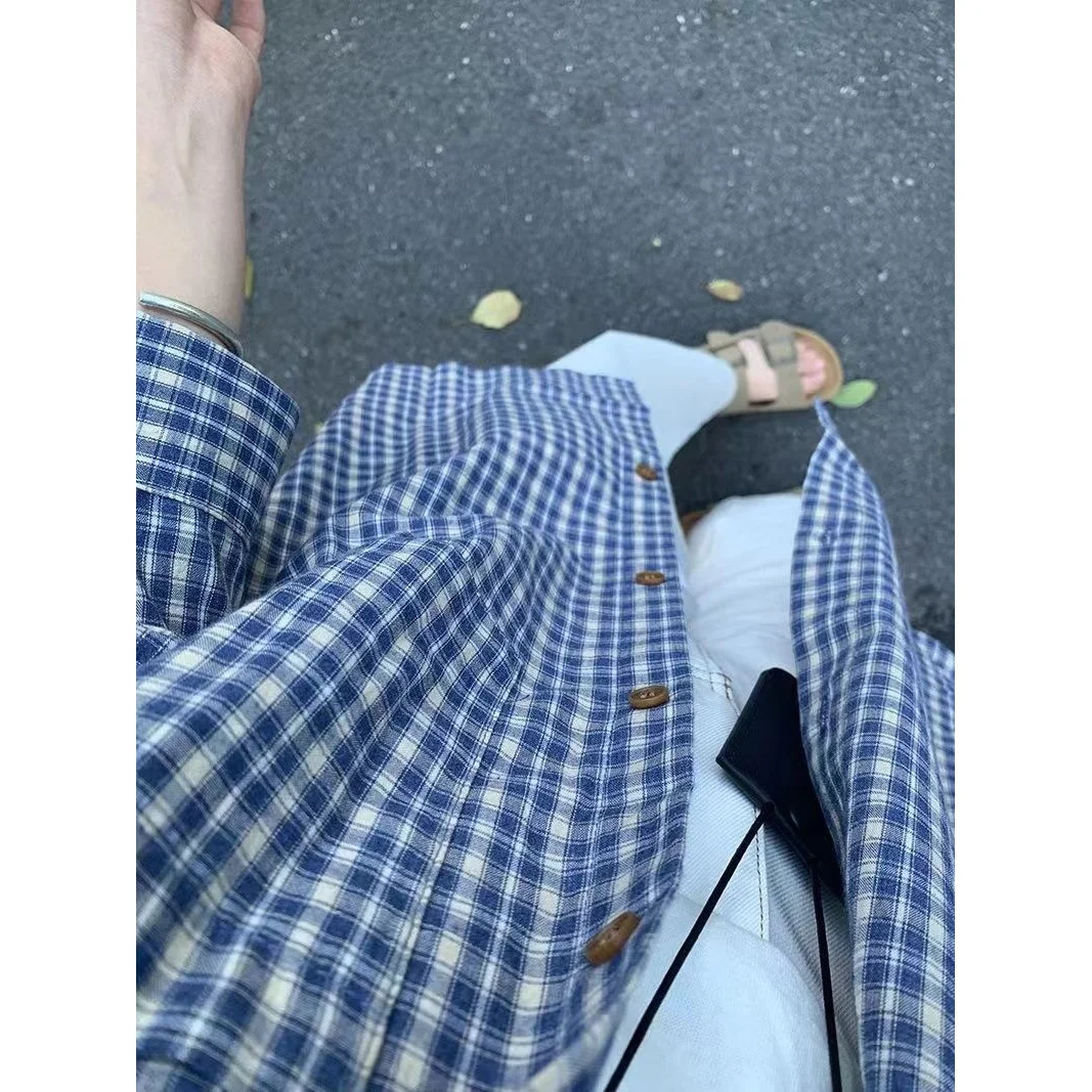 Koreanische Sle Luxus Blau Plaid irt frauen Frühling Herbst Lose Abnehmen Lange Sve Oberbekleidung Sonnenschutz irt