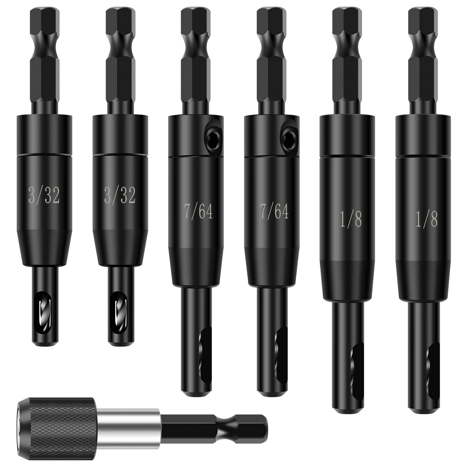 6Pcs Self Centering Hinge Drill Bit Set with Bit Holder 1/4 Inch Hex Shank 1/8 Inch 7/64 Inch 3/32 Inch Precise Center Finding