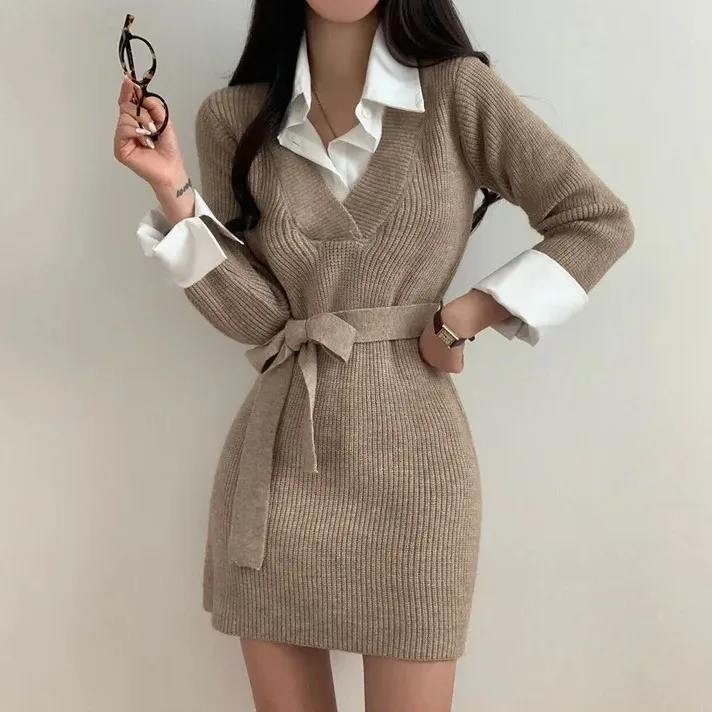 

Шикарный осенне-зимний винтажный отложной воротник, цветная блузка, вязаный длинный свек, галстук с поясом, женский модный повседневный Dr