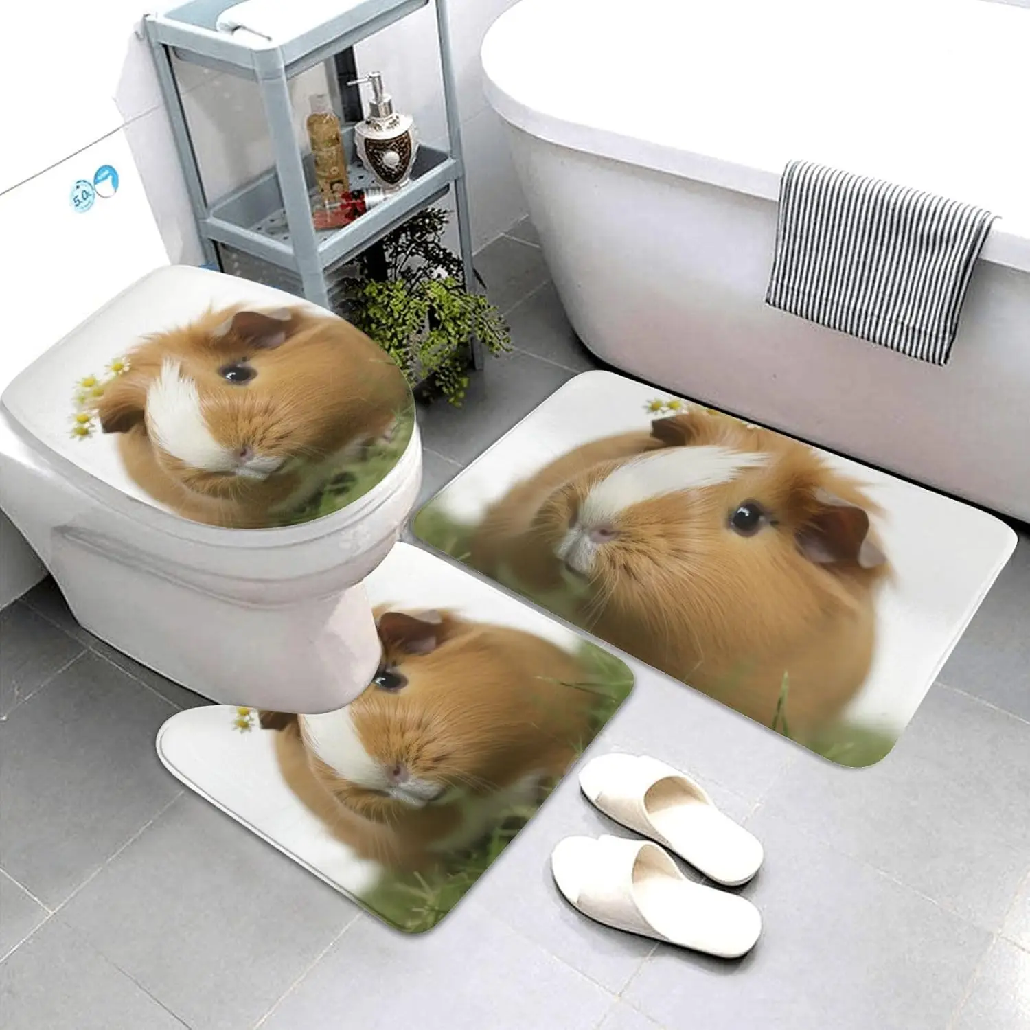 Smiling Bathroom Rugs Sets 3 Piece, Non Slip Absorbent Bath Rug U-Shaped Contour Toilet Rug with Toilet Cover, Foam Bath Mat
