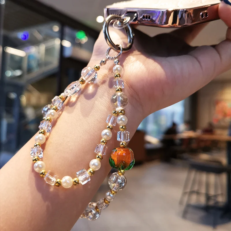 Mobile Phone Strap Hand Held Persimmon Ruyi Small Fragrant Wind Pearl Bead Bracelet Pendant Short Wrist Strap Lanyard for Keys