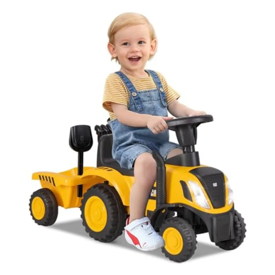 Licencjonowany traktor Caterpillar do jazdy, 2 w 1: pojazd do jazdy i wózek do pchania z odłączanym przyczepką, światła, klakson, grabie, łopata, napęd na stopę.