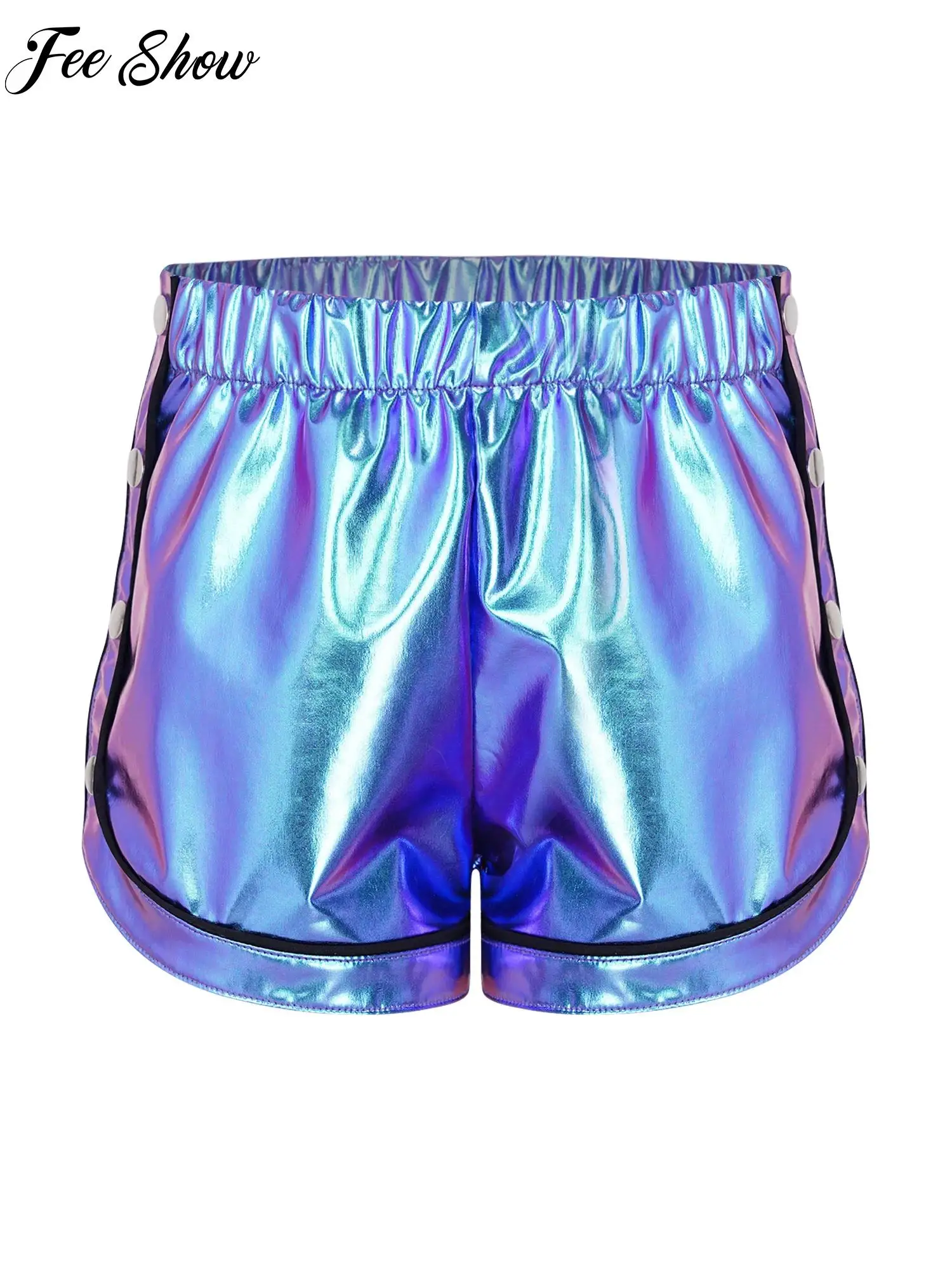 

Kids Girls Contrasting Trim Metallic Shorts Elastic Waistband Side Press Buttons Split Shorts for Hip-hop Dance Sports