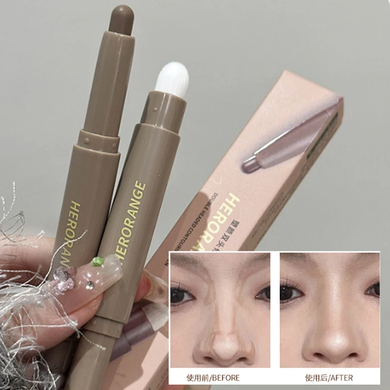 Highlight Shadow Stick met borstel Dubbele kop Gezicht Neusschaduw Vloeibare contourpen Duurzame waterdichte gezichtsverhelderende cosmetica