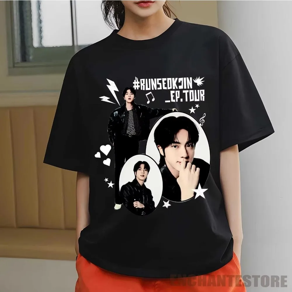 2025 Run Seokjin Ep Tour camisa Jin Tour Camiseta estampada de algodón de manga corta estampada de verano de algodón con cuello redondo para hombres y mujeres
