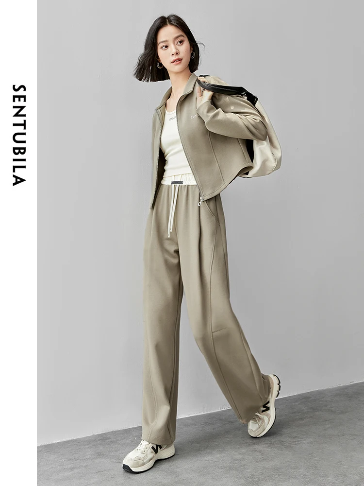 SENTUBILA Cotton Sport 2 Piece Pant Set Women 2024 Autumn Letter Embroidery Zipper Coat Straight Elastic Waist Pants 143Z55783