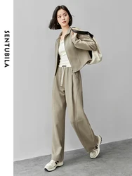 SENTUBILA Cotton Sport 2 Piece Pant Set Women 2024 Autumn Letter Embroidery Zipper Coat Straight Elastic Waist Pants 143Z55783