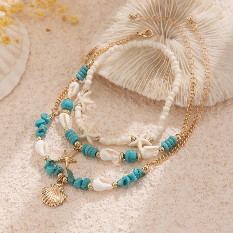 Turquoise Set Special Chain Simple Starfish Multi-layer Rice Bead Anklet for Women 2024 Summer Indian Jewelry Holiday Beach Wind